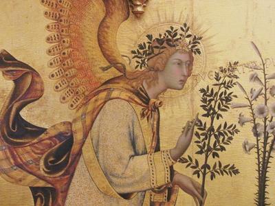 Detail from Simone Martini's painting Annunciation from 1333 in the Uffizi Gallery - Florence-stock-photo