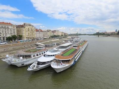 Tourist boats abound on the Budapest section of the Danube-stock-photo