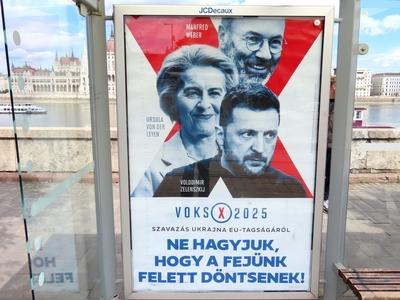 Hungarian government propaganda poster - EU - Ukraine-stock-photo