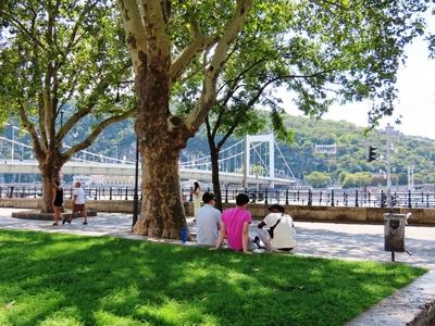 People cooling off in the heatwave on Duna Corso - Budapest-stock-foto