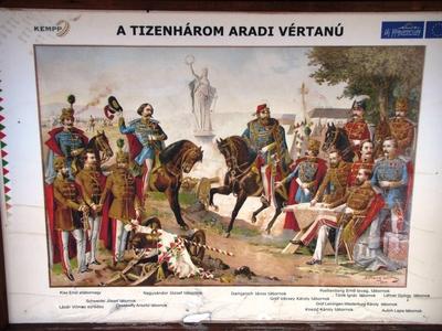 P?kozd, 2015. j?nius 26.A 13 aradi v?rtan?t ?br?zol? rajz, a v?rtan?k neveinek felt?ntet?s?vel a p?kozdi Nemzeti Eml?khelyen. Az aradi v?rtan?k: Kiss Ern? alt?bornagy, Nagys?ndor J?zsef t?bornok, Damjanich J?nos t?bornok, Poeltenberg Ern? lovag, t?bornok, Schweidel J?zsef t?bornok, Gr?f V?csei K?roly t?bornok, L?z?r Vilmos ezredes, Dessewffy Arisztid t?bornok, Gr?f Leiningen-Westerburg K?roly t?bornok, Knezi? K?roly t?bornok, Aulich Lajos t?bornok.-stock-foto