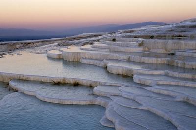 Pools at sunset, Pamukkale, UNESCO World Heritage Site, Anatolia, Turkey, Asia Minor-stock-photo