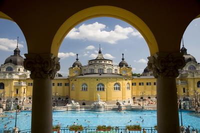 The Szechenyi Baths on a summer day in Budapest, Hungary, Europe-stock-photo
