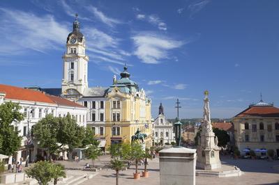 Trinity Column and Town Hall in Szechenyi Square, Pecs, Southern Transdanubia, Hungary, Europe-stock-photo