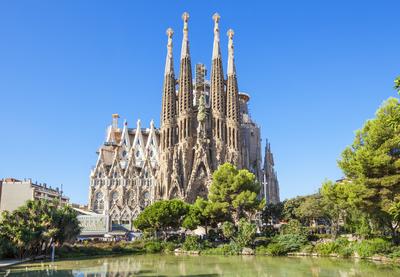 La Sagrada Familia church front view designed by Antoni Gaudi, Barcelona, Catalonia, Catalunya, Spain, EU, Europe-stock-photo