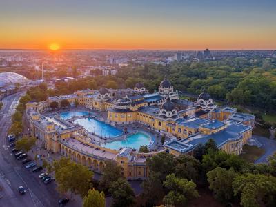 Aerial photo of Szechenyi thermal bath, Budapest, Hungary-stock-photo