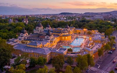 Aerial photo of Szechenyi thermal bath, Budapest, Hungary-stock-photo