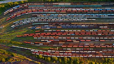 Aerial view on railway track lines, Budapest, Hungary-stock-photo