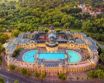 Aerial photo of Szechenyi thermal bath, Budapest, Hungary-stock-photo