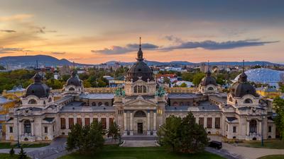 Aerial photo of Szechenyi thermal bath, Budapest, Hungary-stock-photo