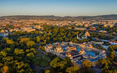 Aerial photo of Szechenyi thermal bath, Budapest, Hungary-stock-photo