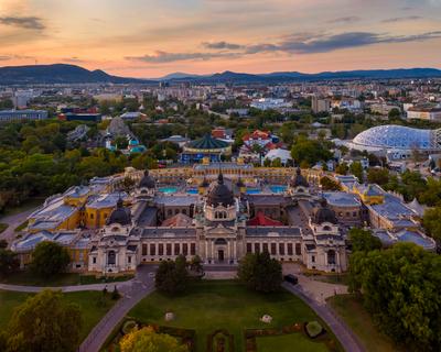 Aerial photo of Szechenyi thermal bath, Budapest, Hungary-stock-photo