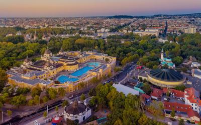 Aerial photo of Szechenyi thermal bath, Budapest, Hungary-stock-photo