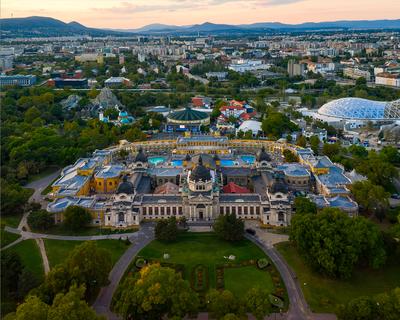 Aerial photo of Szechenyi thermal bath, Budapest, Hungary-stock-photo