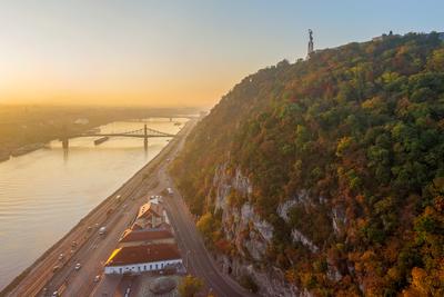 Sunrise aerial view frim  Gellert hill, Budapest, Hungary-stock-photo