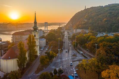 Sunrise aerial view frim  Gellert hill, Budapest, Hungary-stock-photo