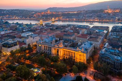 Aerial photo about the MTVA Old cheadquarters buliding in Szechenyi square, Budapest, Hungary.-stock-foto