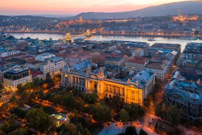 Aerial photo about the MTVA Old cheadquarters buliding in Szechenyi square, Budapest, Hungary.-stock-photo
