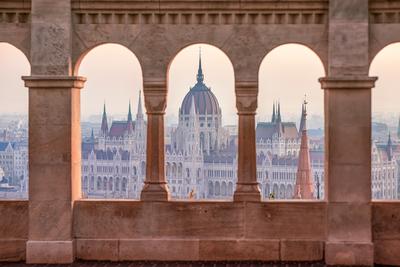 Fisherman's Bastion, Budapest. Image of the Fisherman's Bastion in Budapest, capital city of Hungary, during sunrise-stock-photo