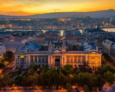 Aerial photo about the MTVA Old cheadquarters buliding in Szechenyi square, Budapest, Hungary.-stock-foto