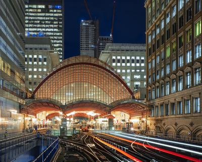 Canary wharf cityscape with tube station. Canary wharf is the business districet in London City UK.-stock-photo