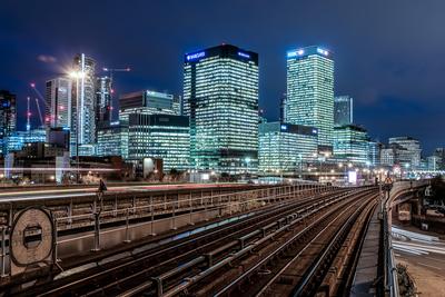 Canary wharf cityscape with railways.-stock-photo