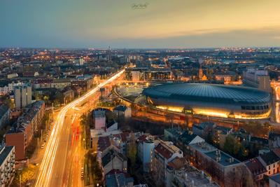 Budapest night cityscape with traffic lights an Laszlo Papp sportarena-stock-photo