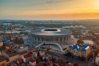 Amazing cityscape about budapest with Ferenc Puskas Arena. Stunning sunset in the background.-stock-photo
