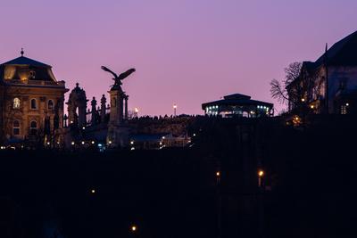 Purple sunset over Buda castle, Budapest, Hungary-stock-photo