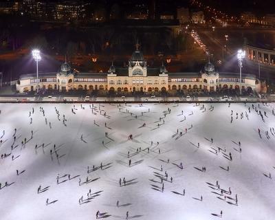 Ice rink in the city park of budapest. famoust sport center next to  Szechenyi thermal bath. Betwen the Heroes square and Vajdahunyad castle.-stock-photo