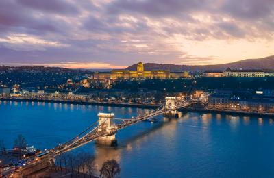 Sunset cityscape from Budapest with Danube river-stock-photo