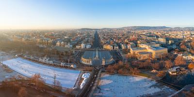 Europe Hungary Budapest Heroes Square Panorama. Ice rink. Museum of fine arts. Andrassy street. Heroes square. Cityscape-stock-photo