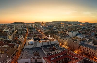 Europe Hungary Budapest parnorama cityscape 360 rooftop bar-stock-photo