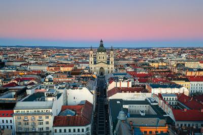 Europe Hungary Budapest St Stephens basilica. Aerial view. Roofs. Skyline sky-stock-photo