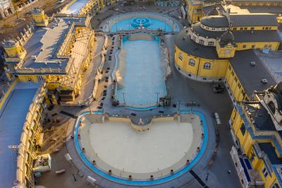 Europe Hungary Budapest Szehenyi thermal bath Closed. Empty. Covid19 tilting up. quarantine.-stock-photo