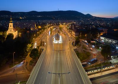 Hungary Budapest. Aerial view about Arpad bridge and tram station-stock-foto