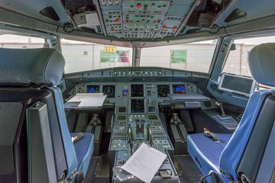 Empty airplane cockpit-stock-photo