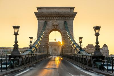 Hungary Budapest. Szechenyi Chain bridge with sunrise-stock-photo