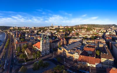 Hungary Budapest. Aerial cityscape about Budapest with Batthany square and St Anne Church big food market. Buda castle anf Fishermans bstion on the background-stock-foto