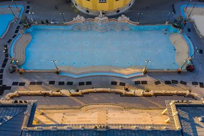 Europe Hungary Budapest Szehenyi thermal bath Closed. Empty. Covid19 tilting up. quarantine.-stock-photo