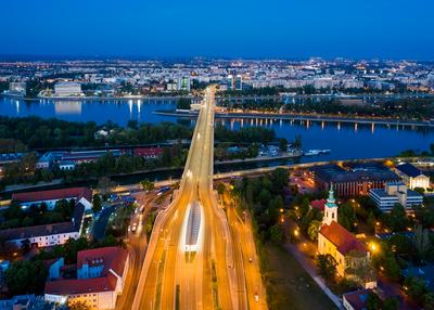 Hungary Budapest. Aerial view about Arpad bridge and tram station-stock-foto