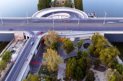 Hungary Budapest. Aerial view about Arpad bridge. Pest side on the background. Margaret island bridge exit.-stock-photo