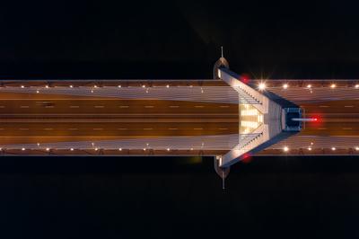 Hungary Budapest. Splendid aerial photo about the Megyeri bridge in border of Budapest. This bridge connect the M3 Highway with 11 road. A part of M0 ring road. Newest bridge of city. The bridge was handed over in 2008-stock-foto