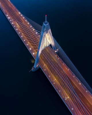 Hungary Budapest. Splendid aerial photo about the Megyeri bridge in border of Budapest. This bridge connect the M3 Highway with 11 road. A part of M0 ring road. Newest bridge of city. The bridge was handed over in 2008-stock-foto