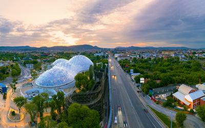 New building in Budapest zoo what name is Pannon Park-stock-photo