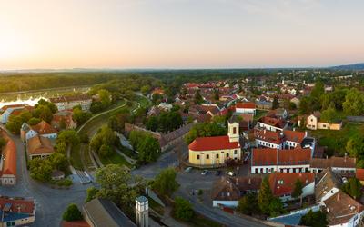 Hungary Szentendre. Aerial cityscape about the downtown.  This place is a little beautiful city near by Budapest with traditional gifts foods and old houses. Next to Danube river-stock-photo