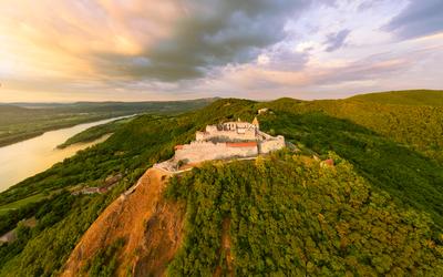 Amazing aerial landscapes about the Visegrad Castle in Hungary-stock-photo