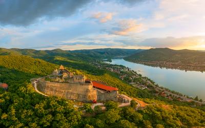 Amazing aerial landscapes about the Visegrad Castle in Hungary-stock-photo