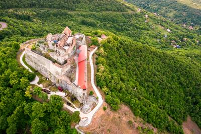 Amazing aerial landscapes about the Visegrad Castle in Hungary-stock-photo