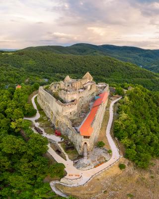 Amazing aerial landscapes about the Visegrad Castle in Hungary-stock-photo